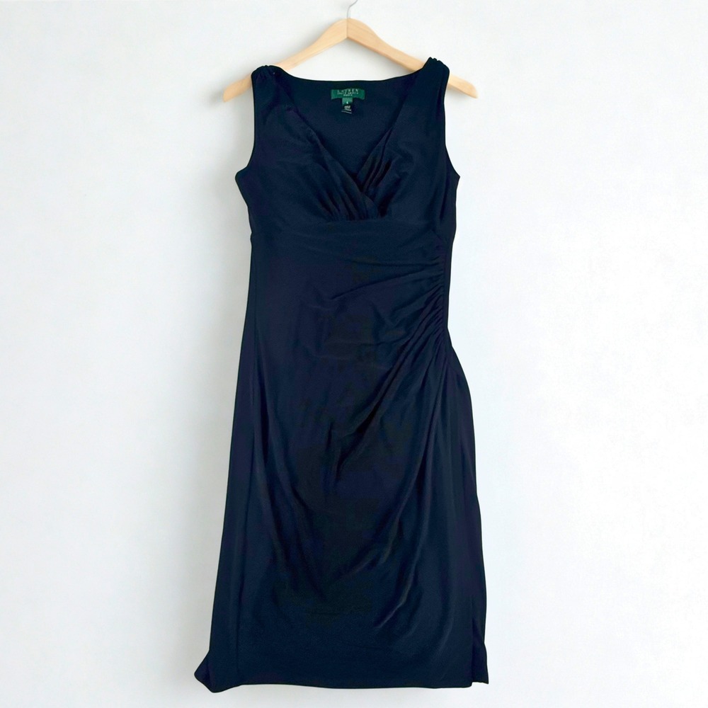Lauren Ralph Lauren Sheath Slit Dress Womens 4 Black Ruched V-Neck Sleeveless